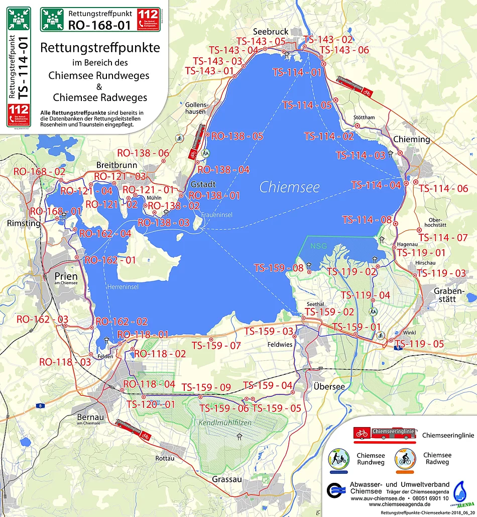 Foto einer Chiemseekarte mit eingezeichneten Rettungstreffpunkte 2018